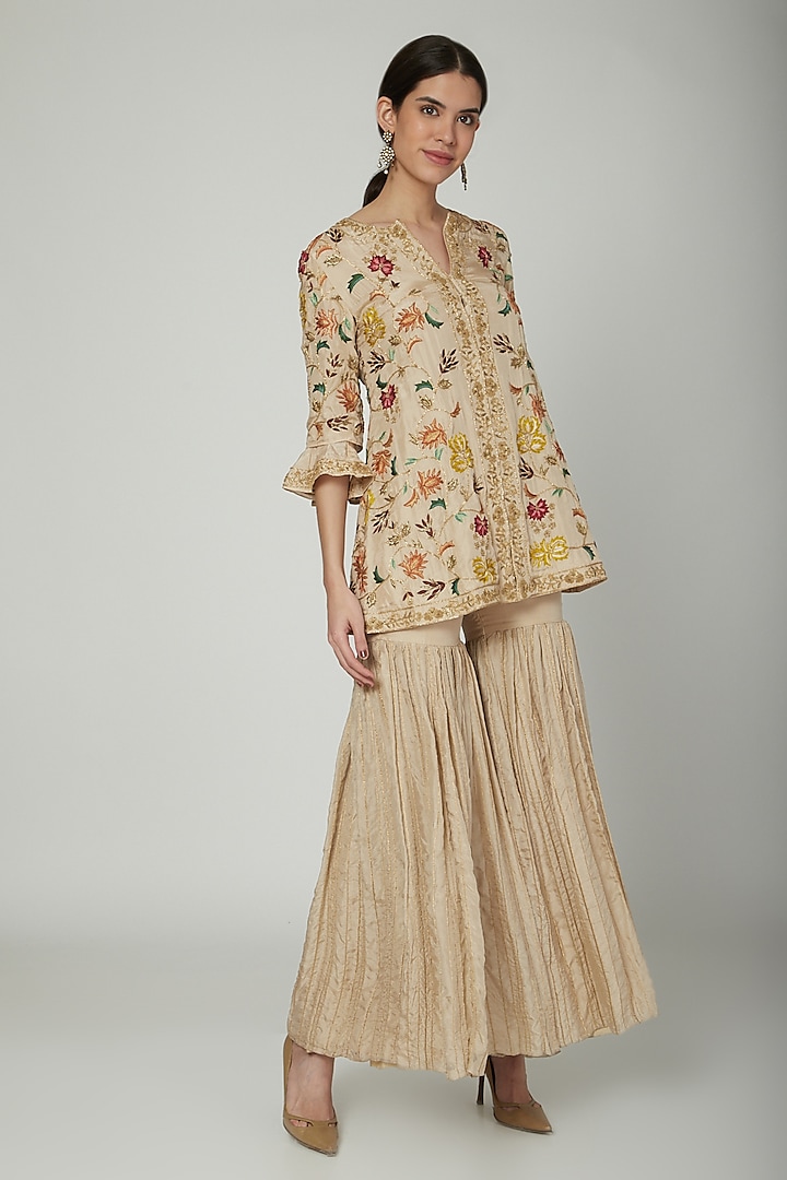 Beige Hand Embroidered Kurta With Bridal Sharara Pants by Samatvam By Anjali Bhaskar at Pernia's Pop Up Shop