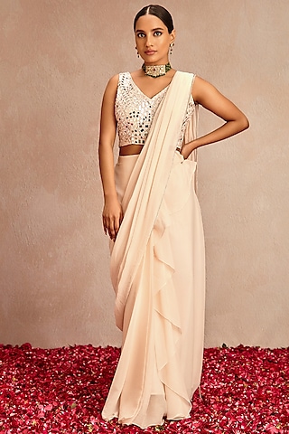 Old Rose Pink Blended Chiffon Pre-Draped Saree Set by Samatvam By Anjali Bhaskar
