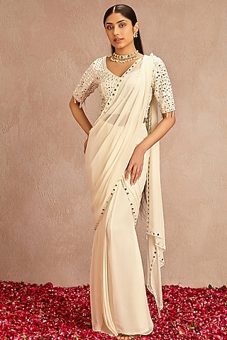 Ivory Blended Georgette Pre-Draped Saree Set by Samatvam By Anjali Bhaskar
