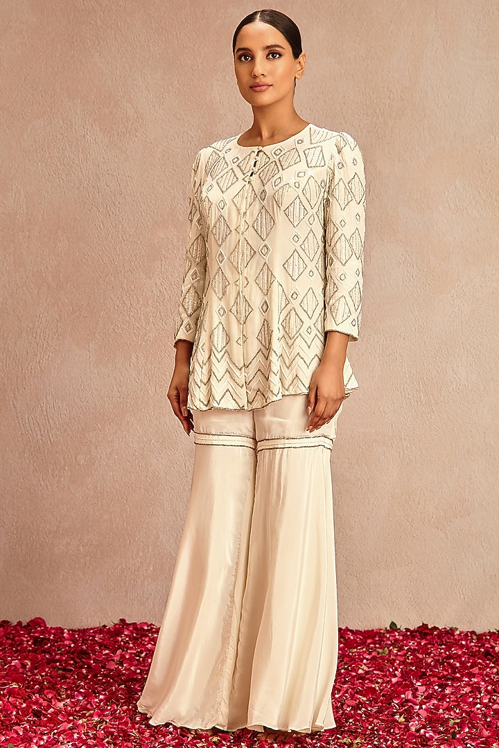 Ivory Blended Crepe Wedding Sharara Set by Samatvam By Anjali Bhaskar at Pernia's Pop Up Shop
