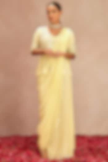 Lemon Yellow Embroidered Pre-Draped Saree Set by Samatvam By Anjali Bhaskar