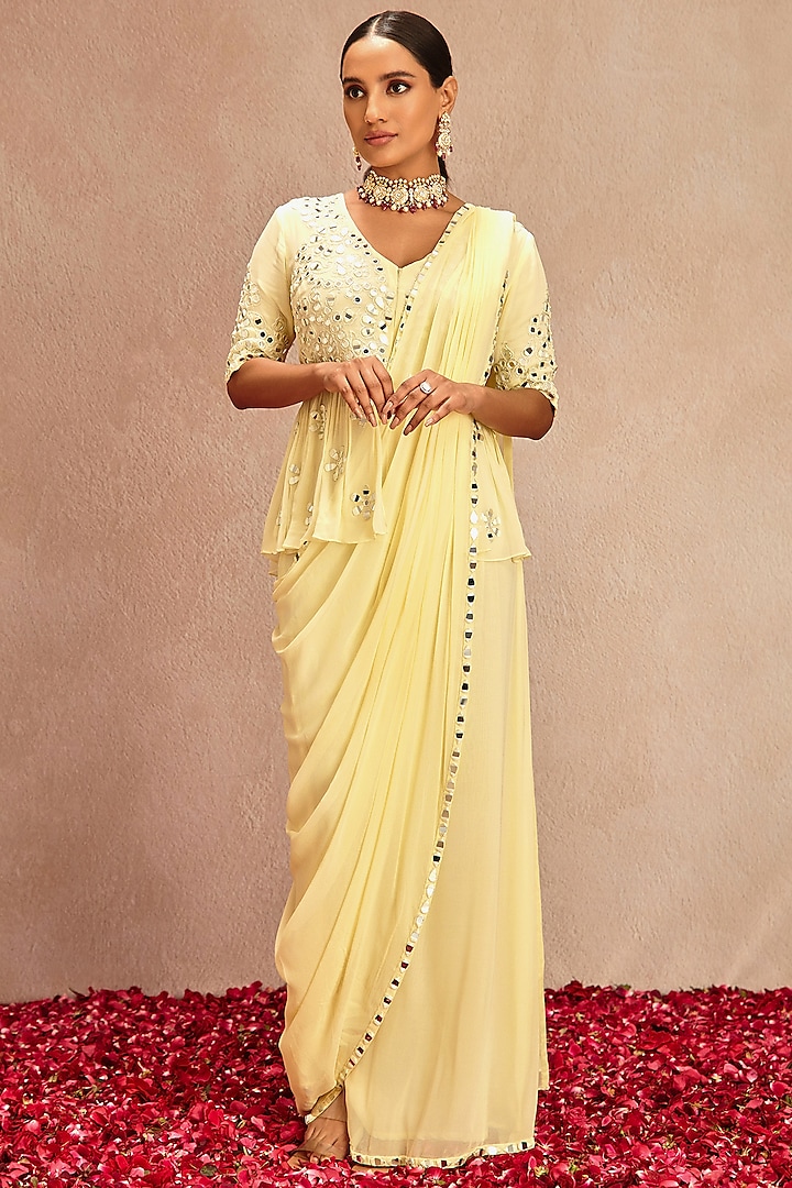 Lemon Yellow Embroidered Pre-Draped Saree Set by Samatvam By Anjali Bhaskar