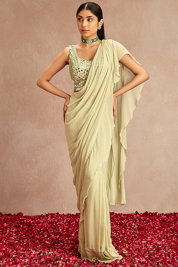 Sage Green Pre-Draped Saree Set by Samatvam By Anjali Bhaskar at Pernia's Pop Up Shop