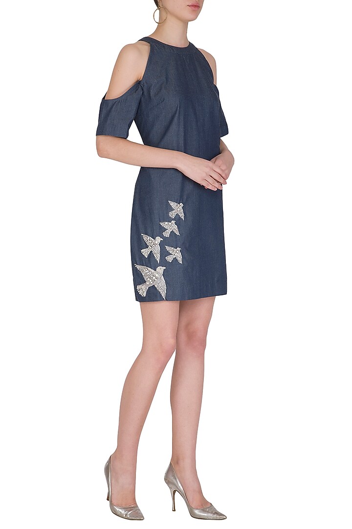 Blue Embroidered Denim Vacation Dress by Samatvam By Anjali Bhaskar at Pernia's Pop Up Shop