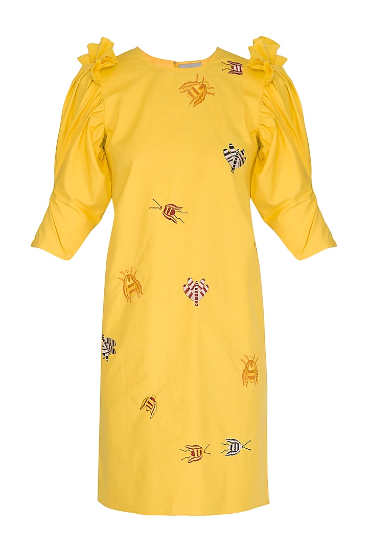 Yellow Bug Embroidered Dress by Samatvam By Anjali Bhaskar