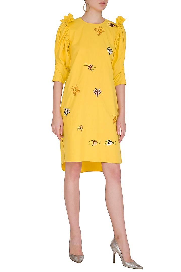Yellow Bug Embroidered Vacation Dress by Samatvam By Anjali Bhaskar at Pernia's Pop Up Shop