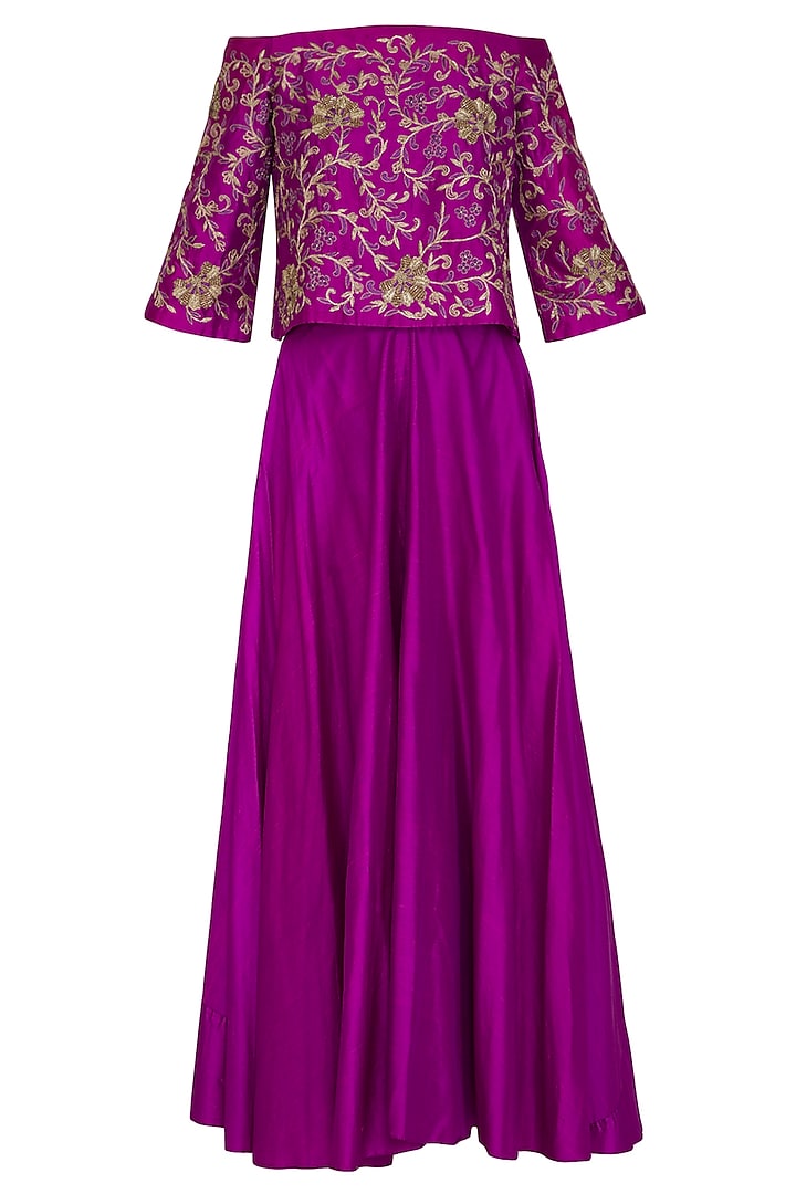 Purple Embroidered Off Shoulder Top With Lehenga Skirt by Samatvam By Anjali Bhaskar