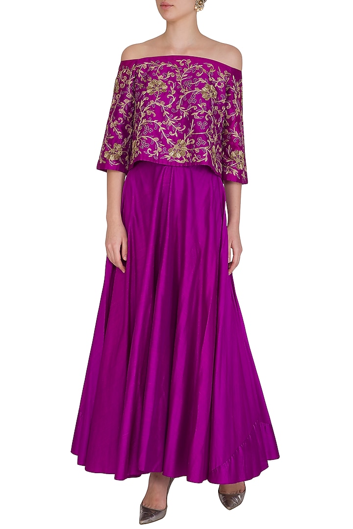 Purple Embroidered Off Shoulder Top With Wedding Lehenga Skirt by Samatvam By Anjali Bhaskar at Pernia's Pop Up Shop