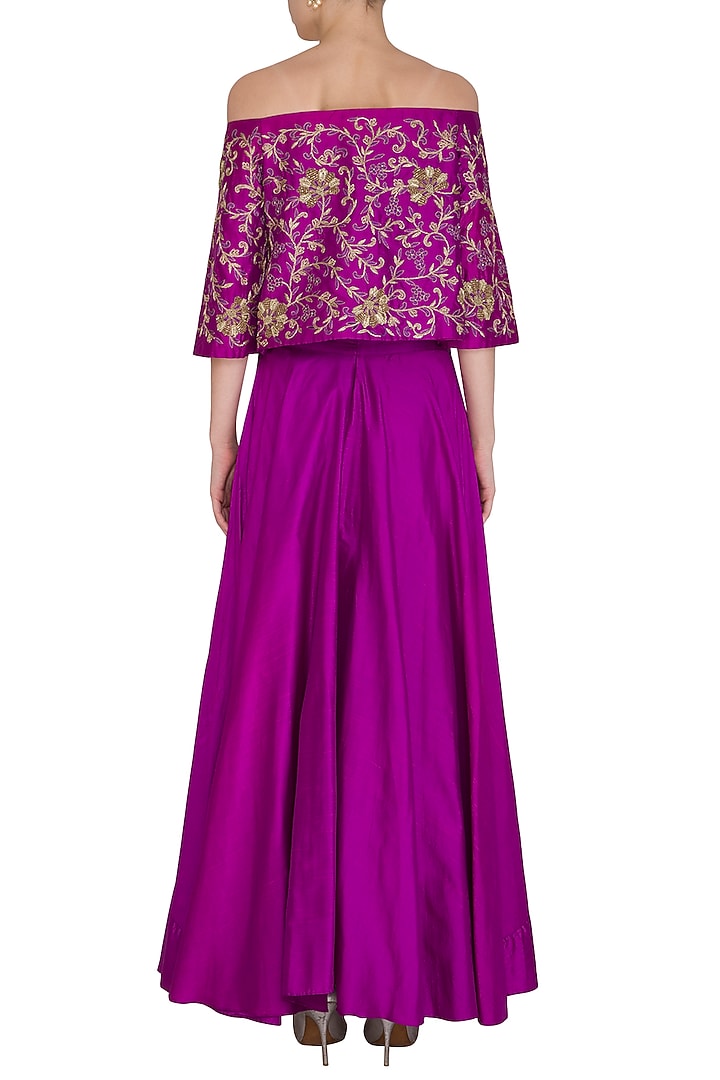 Purple Embroidered Off Shoulder Top With Wedding Lehenga Skirt by Samatvam By Anjali Bhaskar at Pernia's Pop Up Shop