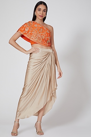 Beige Draped Dhoti Set With Embroidered Top by Samatvam By Anjali Bhaskar