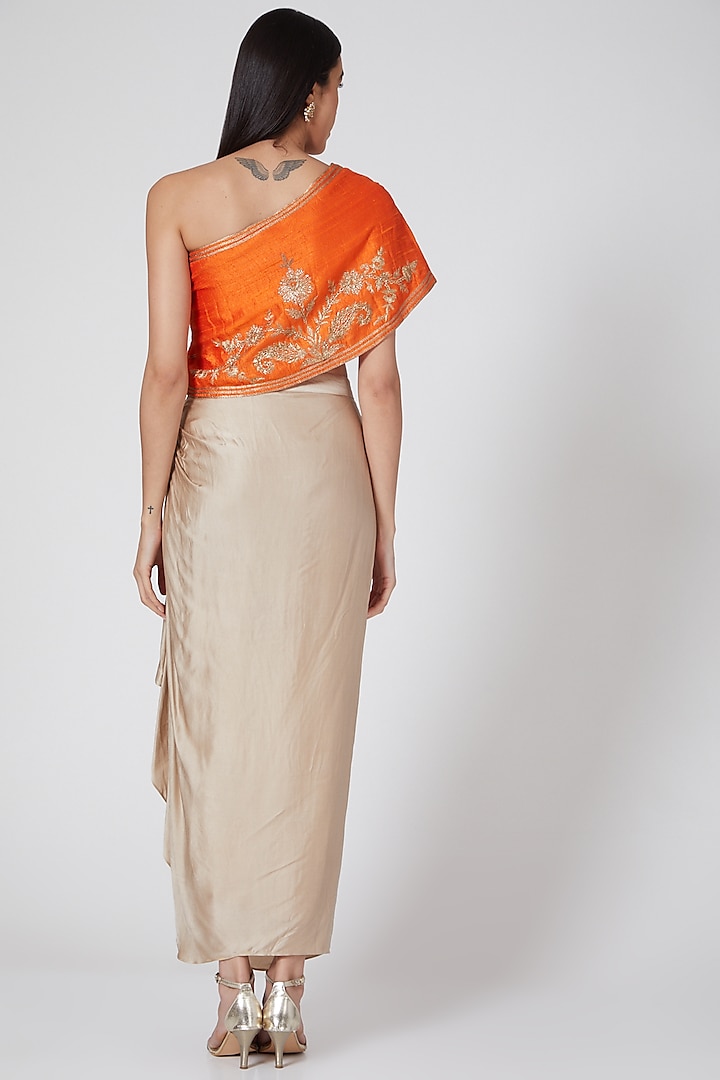 Beige Draped Dhoti Set With Embroidered Top by Samatvam By Anjali Bhaskar at Pernia's Pop Up Shop