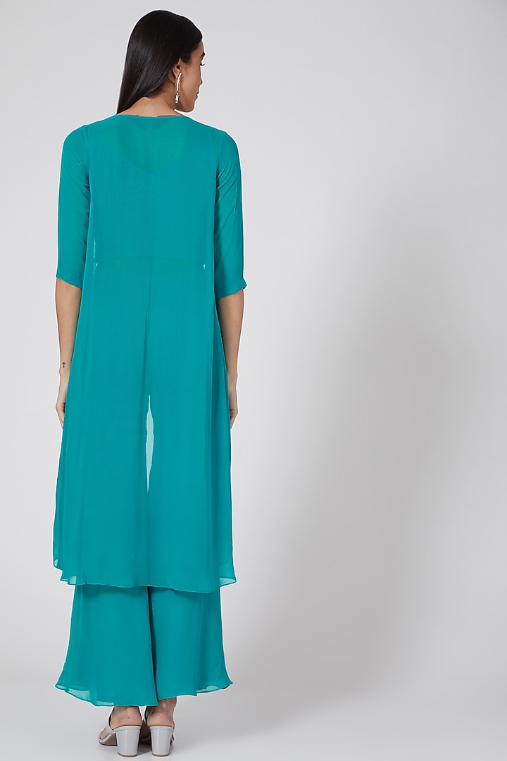 Teal Blue Hand Embroidered Party Wear Sharara Set by Samatvam By Anjali Bhaskar at Pernia's Pop Up Shop