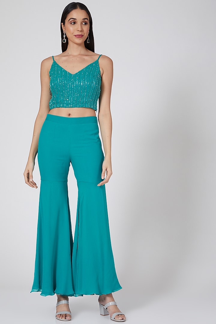 Teal Blue Hand Embroidered Party Wear Sharara Set by Samatvam By Anjali Bhaskar at Pernia's Pop Up Shop