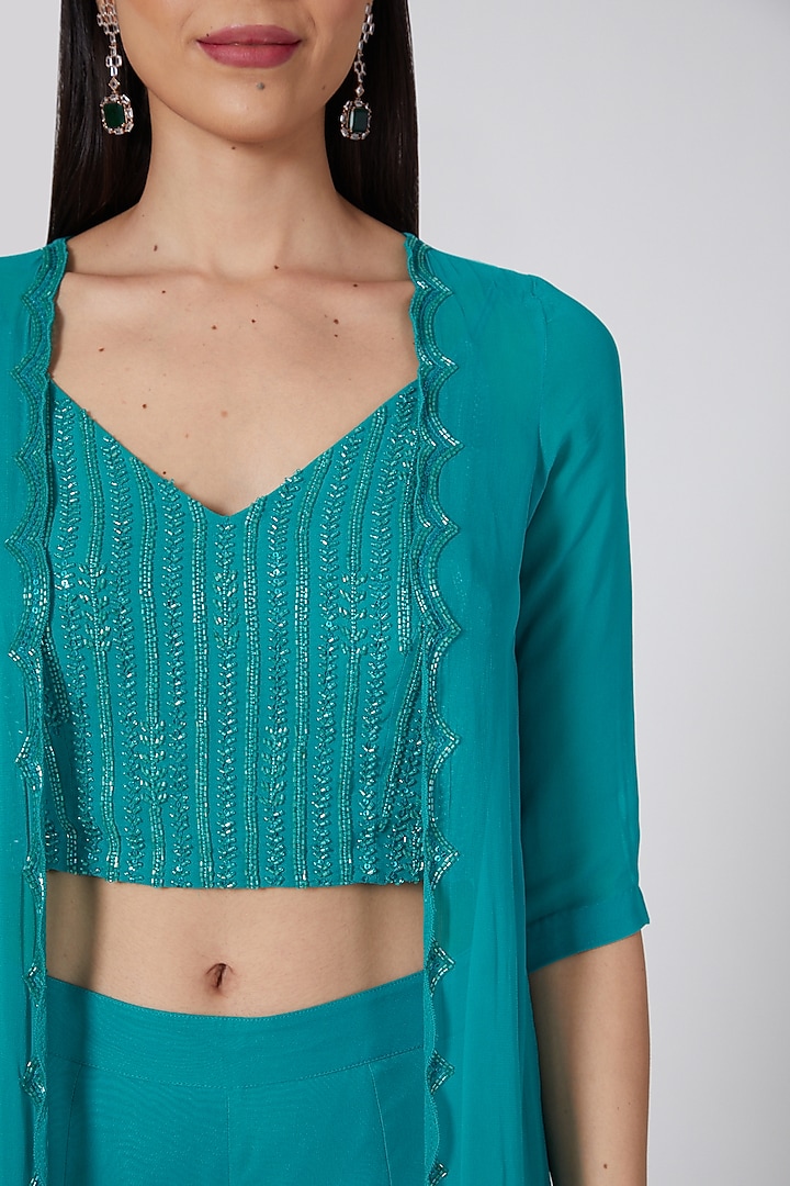 Teal Blue Hand Embroidered Party Wear Sharara Set by Samatvam By Anjali Bhaskar at Pernia's Pop Up Shop