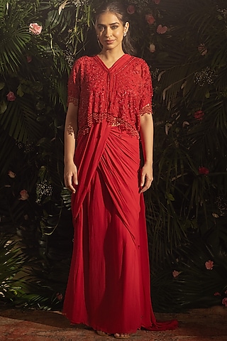Red Blended Georgette Pre-Draped Saree Set by Samatvam By Anjali Bhaskar