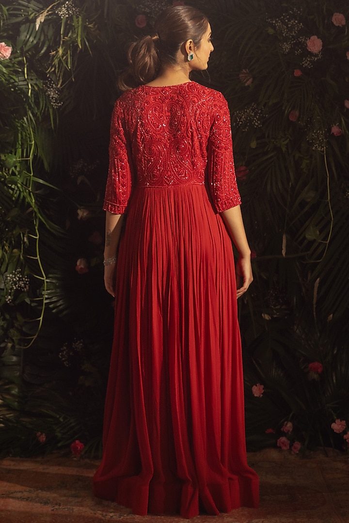 Red Blended Georgette Hand Embroidered Wedding Anarkali Set by Samatvam By Anjali Bhaskar at Pernia's Pop Up Shop