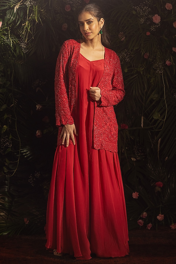 Red Blended Crepe Jumpsuit With Embroidered Jacket by Samatvam By Anjali Bhaskar at Pernia's Pop Up Shop