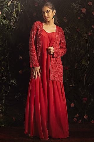 Red Blended Crepe Jumpsuit With Embroidered Jacket by Samatvam By Anjali Bhaskar