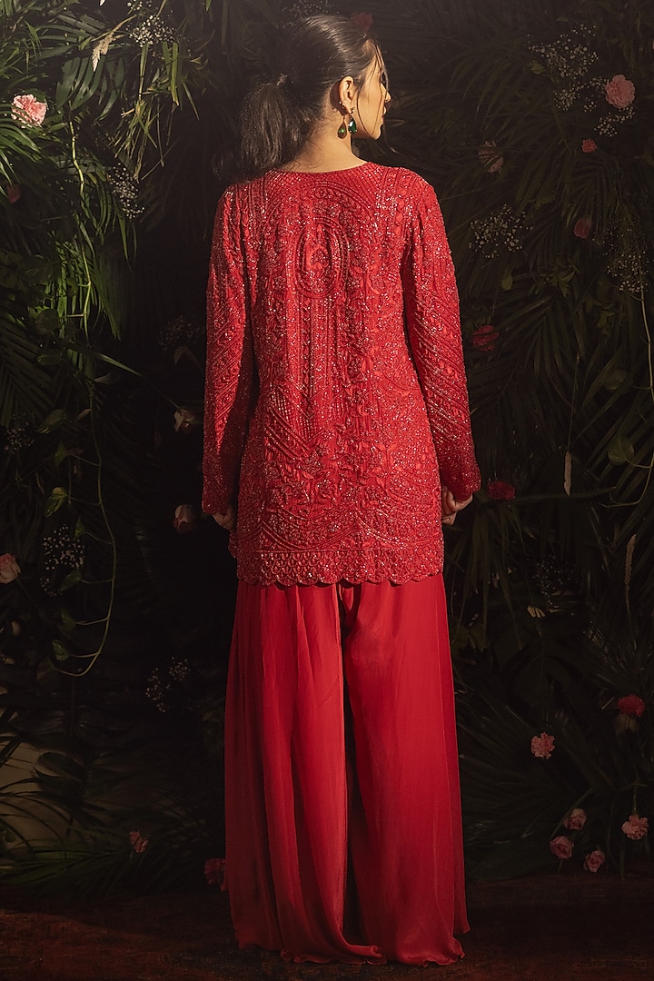 Red Blended Crepe Jumpsuit With Embroidered Jacket by Samatvam By Anjali Bhaskar at Pernia's Pop Up Shop
