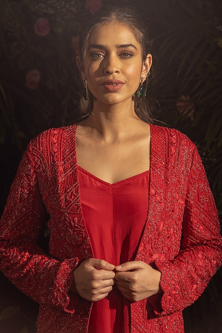 Red Blended Crepe Jumpsuit With Embroidered Jacket by Samatvam By Anjali Bhaskar at Pernia's Pop Up Shop