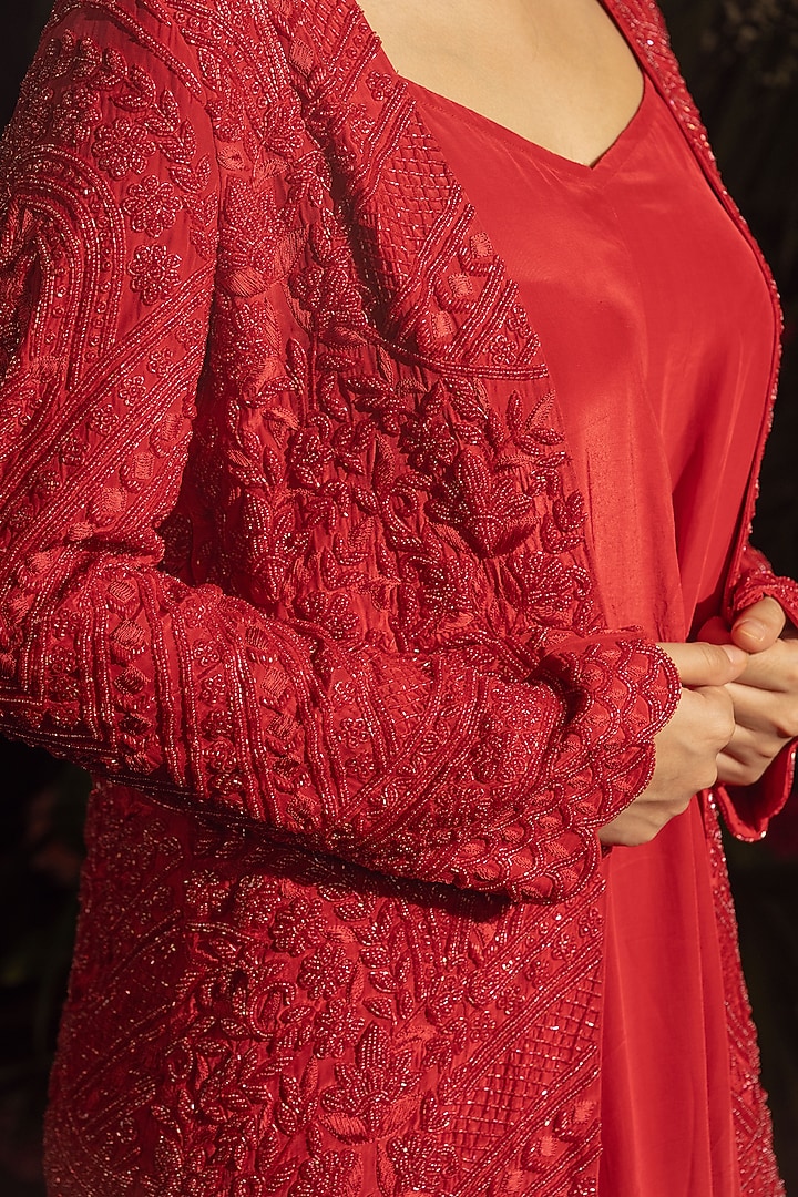 Red Blended Crepe Jumpsuit With Embroidered Jacket by Samatvam By Anjali Bhaskar at Pernia's Pop Up Shop