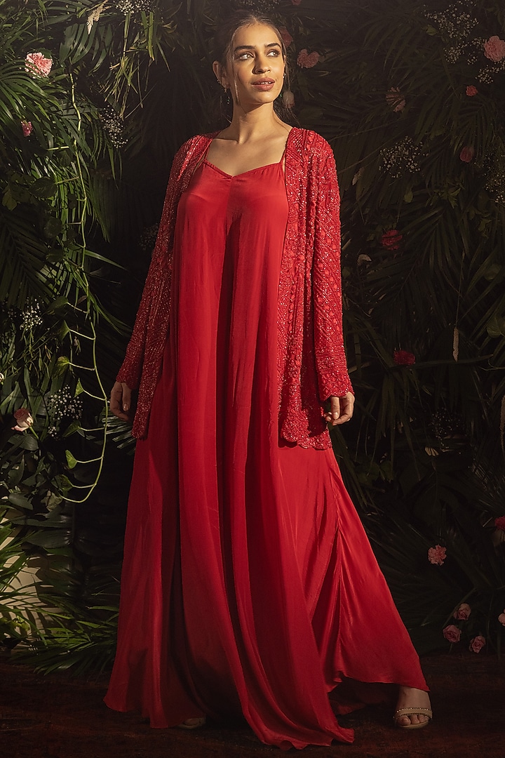 Red Blended Crepe Jumpsuit With Embroidered Jacket by Samatvam By Anjali Bhaskar at Pernia's Pop Up Shop