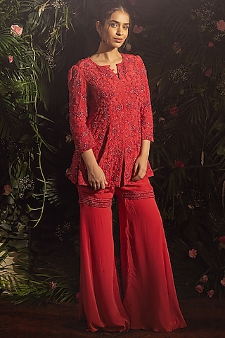 Red Blended Crepe Sharara Set by Samatvam By Anjali Bhaskar