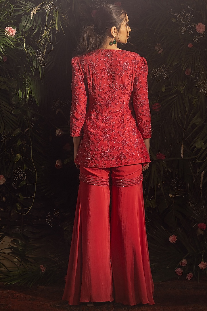 Red Blended Crepe Wedding Sharara Set by Samatvam By Anjali Bhaskar at Pernia's Pop Up Shop
