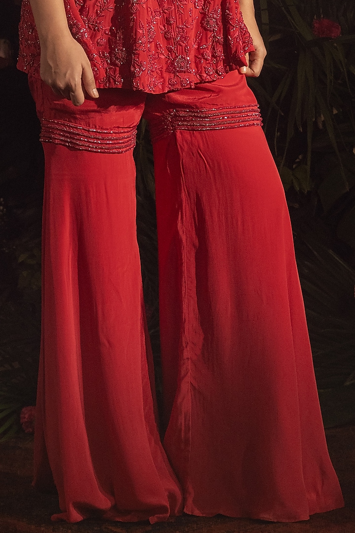 Red Blended Crepe Wedding Sharara Set by Samatvam By Anjali Bhaskar at Pernia's Pop Up Shop