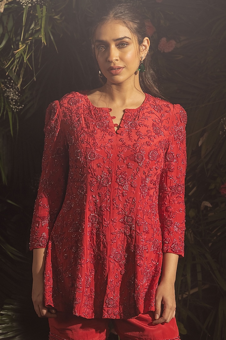 Red Blended Crepe Wedding Sharara Set by Samatvam By Anjali Bhaskar at Pernia's Pop Up Shop