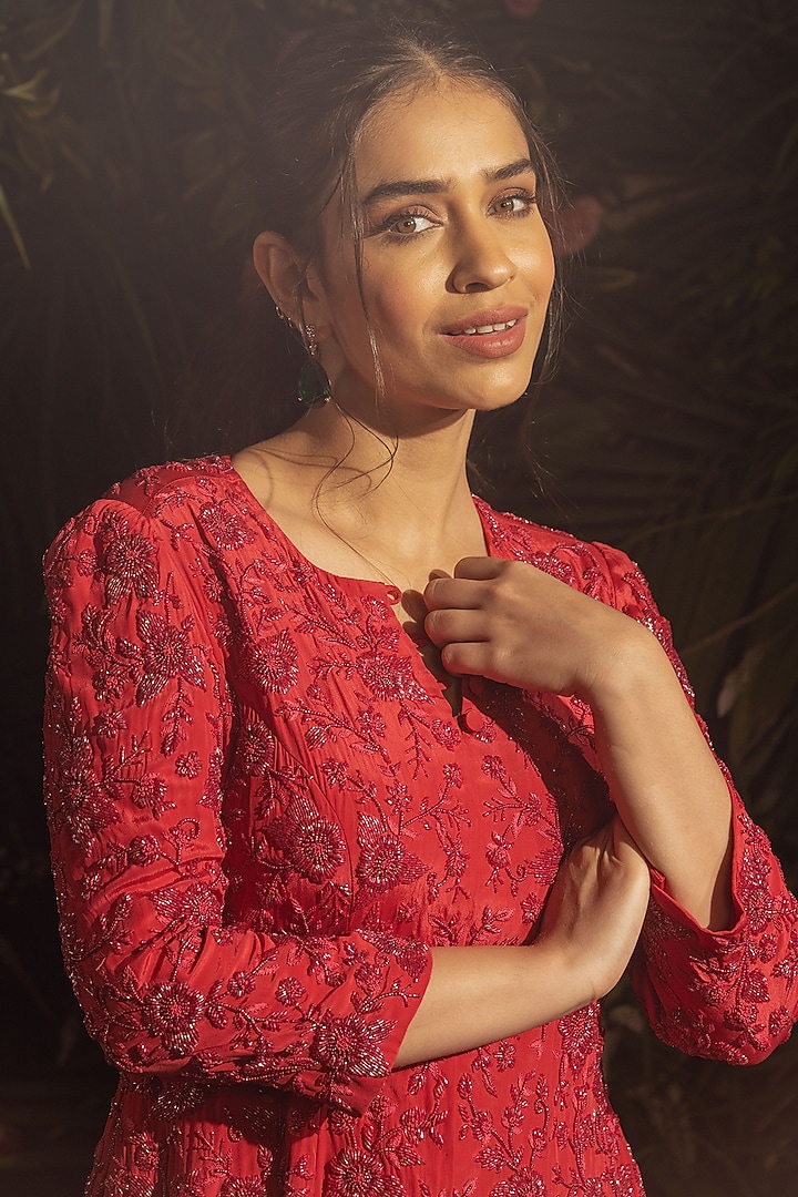 Red Blended Crepe Wedding Sharara Set by Samatvam By Anjali Bhaskar at Pernia's Pop Up Shop