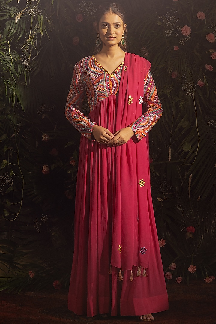 Pink Blended Georgette Thread & Mirror Embroidered Anarkali Set by Samatvam By Anjali Bhaskar at Pernia's Pop Up Shop