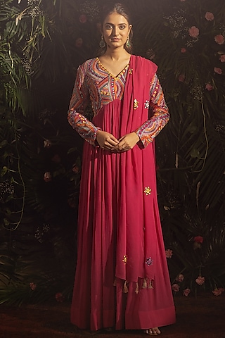 Pink Blended Georgette Thread & Mirror Embroidered Anarkali Set by Samatvam By Anjali Bhaskar