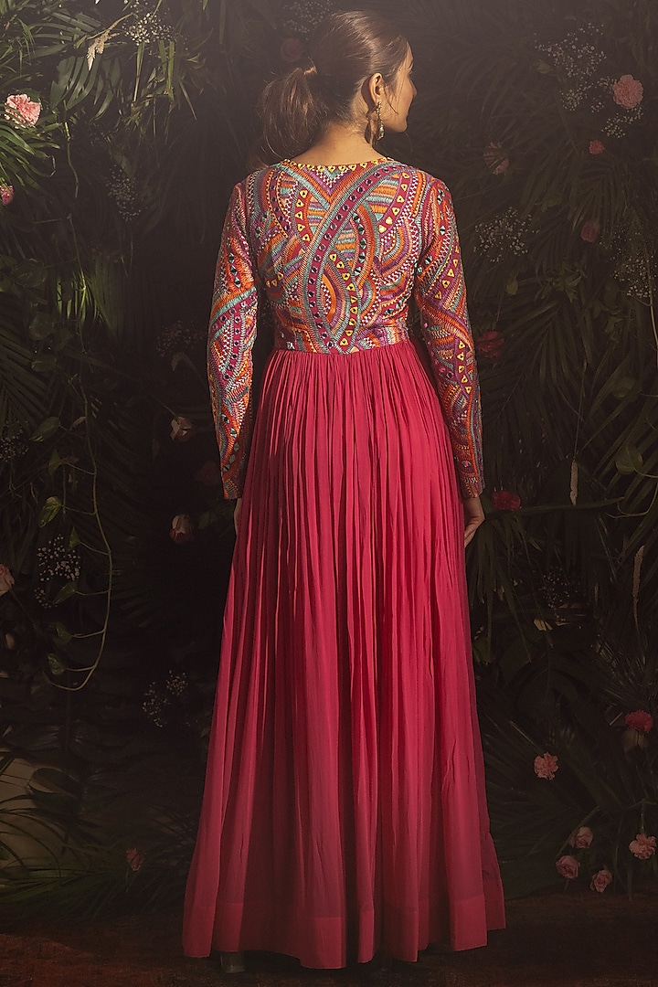 Pink Blended Georgette Thread & Mirror Embroidered Wedding Anarkali Set by Samatvam By Anjali Bhaskar at Pernia's Pop Up Shop