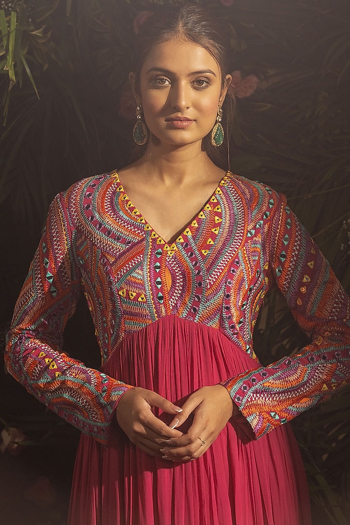 Pink Blended Georgette Thread & Mirror Embroidered Wedding Anarkali Set by Samatvam By Anjali Bhaskar at Pernia's Pop Up Shop