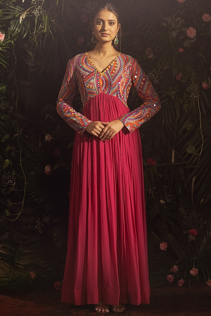 Pink Blended Georgette Thread & Mirror Embroidered Wedding Anarkali Set by Samatvam By Anjali Bhaskar at Pernia's Pop Up Shop