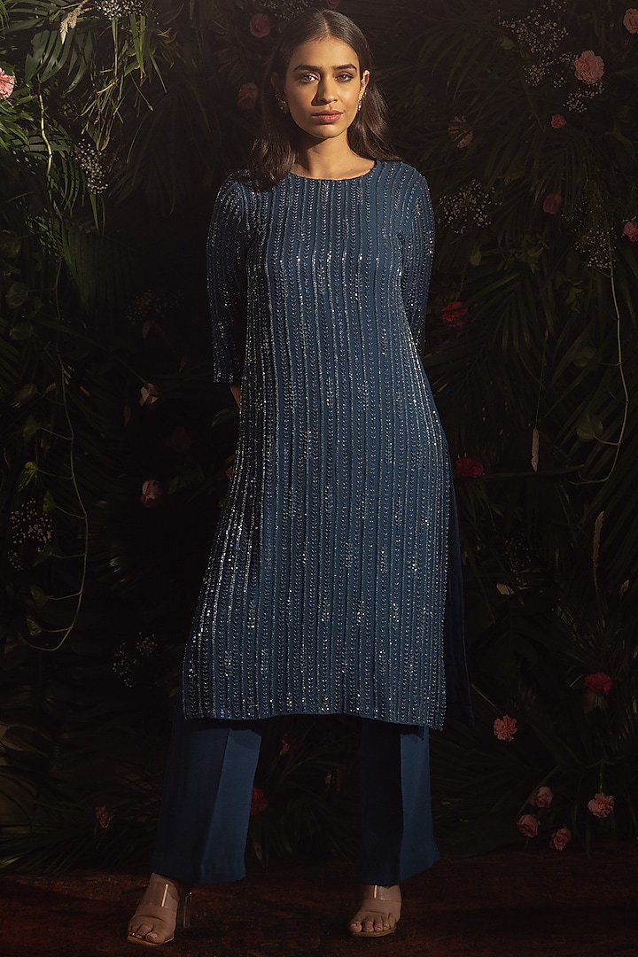 Midnight Blue Blended Georgette Bead Hand Embroidered Kurta Set by Samatvam By Anjali Bhaskar at Pernia's Pop Up Shop