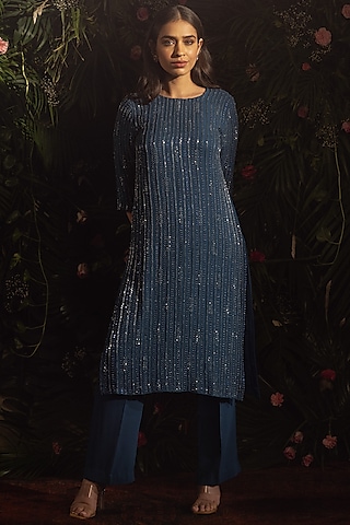Midnight Blue Blended Georgette Bead Hand Embroidered Kurta Set by Samatvam By Anjali Bhaskar