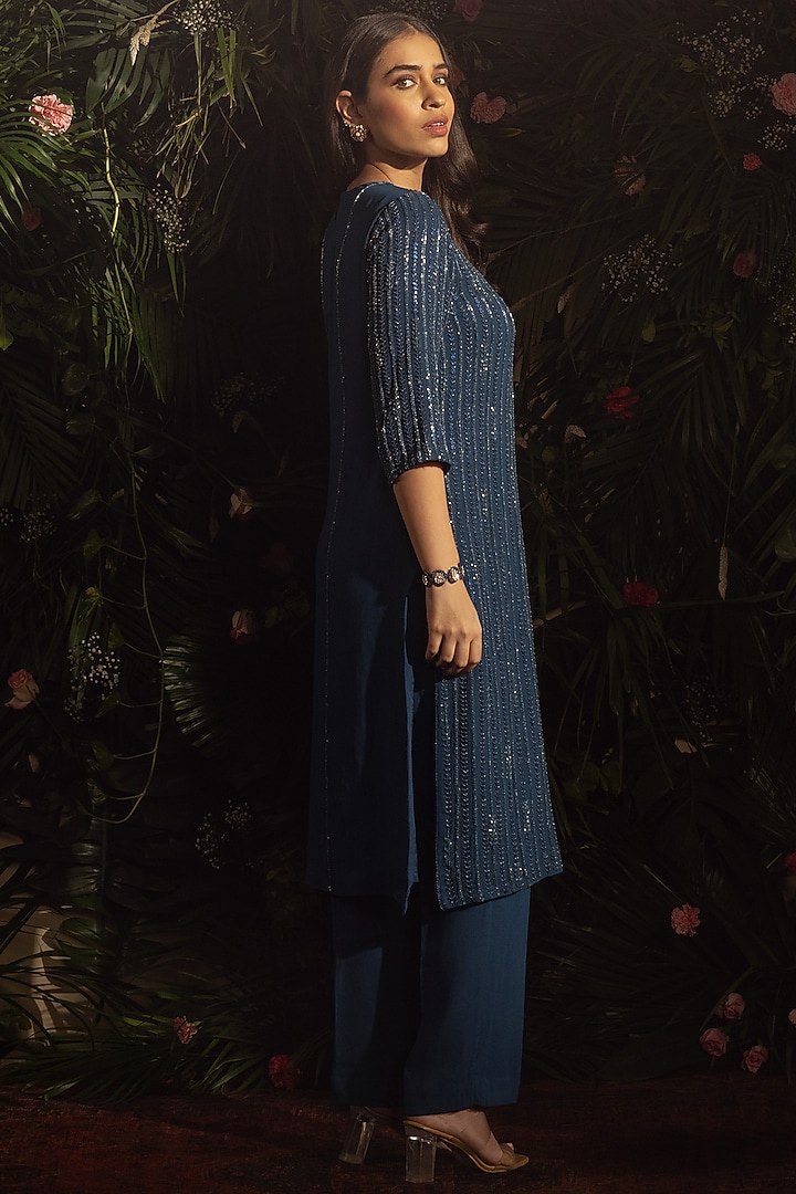 Midnight Blue Blended Georgette Bead Hand Embroidered Kurta Set by Samatvam By Anjali Bhaskar at Pernia's Pop Up Shop