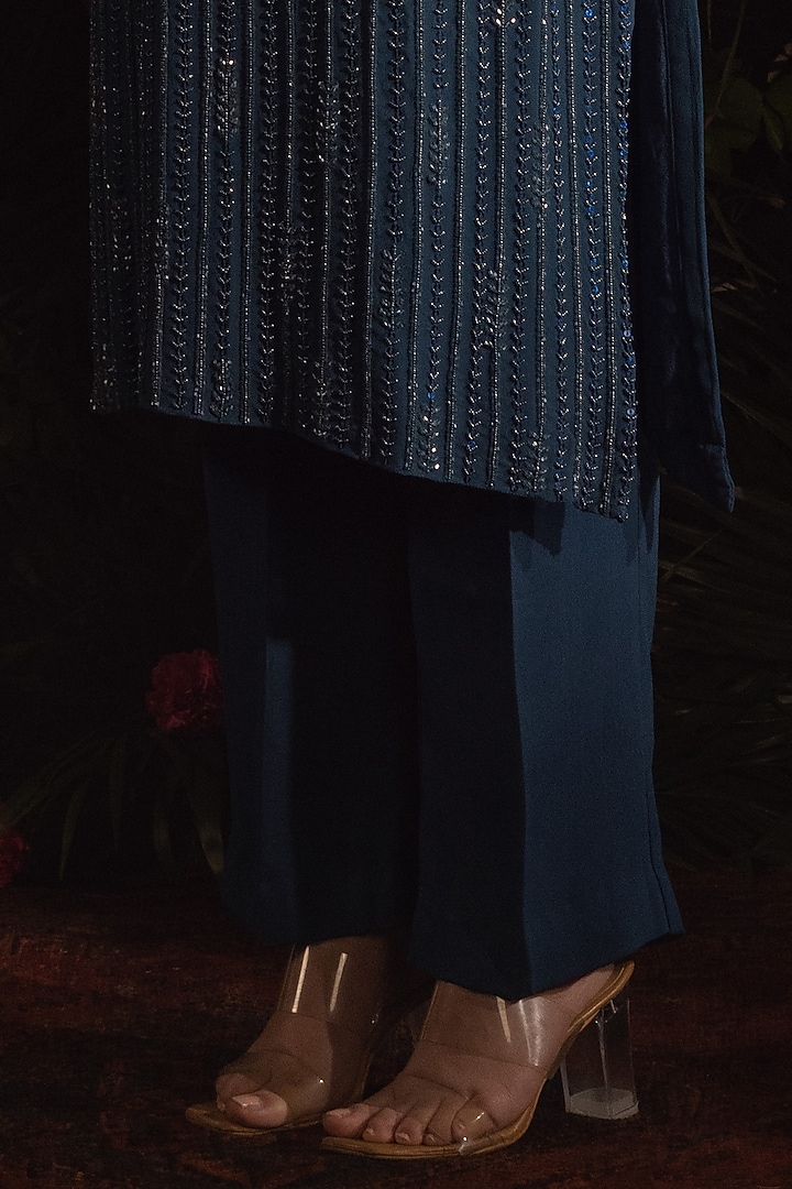 Midnight Blue Blended Georgette Bead Hand Embroidered Kurta Set by Samatvam By Anjali Bhaskar at Pernia's Pop Up Shop