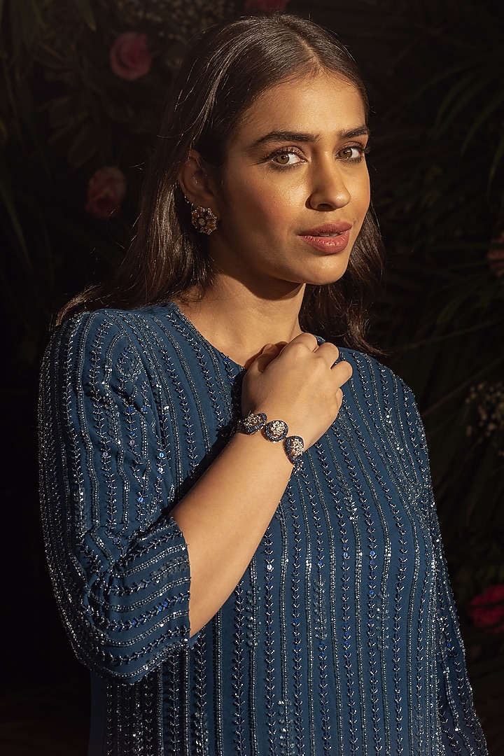 Midnight Blue Blended Georgette Bead Hand Embroidered Kurta Set by Samatvam By Anjali Bhaskar at Pernia's Pop Up Shop