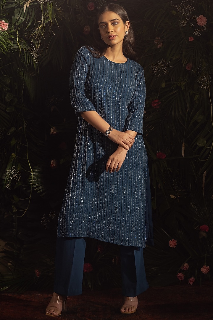 Midnight Blue Blended Georgette Bead Hand Embroidered Kurta Set by Samatvam By Anjali Bhaskar at Pernia's Pop Up Shop