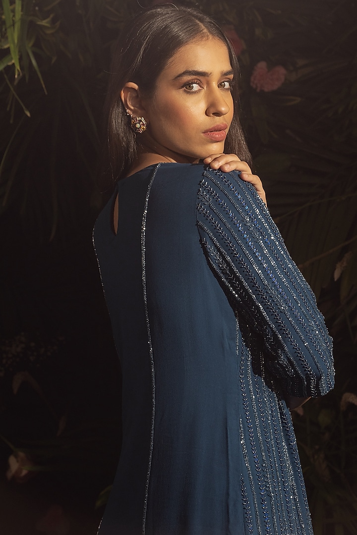 Midnight Blue Blended Georgette Bead Hand Embroidered Kurta Set by Samatvam By Anjali Bhaskar at Pernia's Pop Up Shop