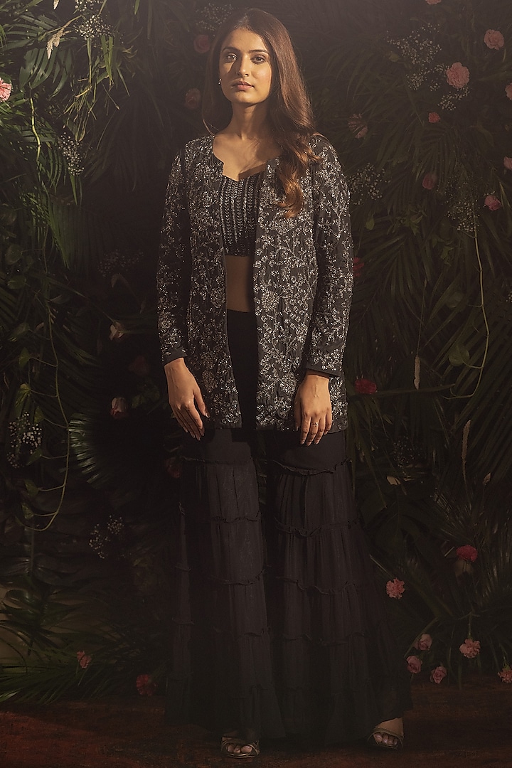 Black Blended Georgette Hand Embroidered Jacket Set by Samatvam By Anjali Bhaskar at Pernia's Pop Up Shop