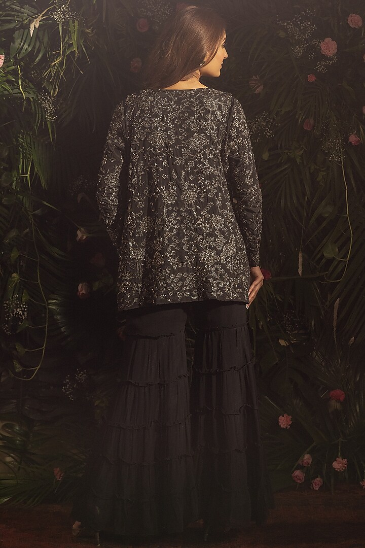 Black Blended Georgette Hand Embroidered Jacket Set by Samatvam By Anjali Bhaskar at Pernia's Pop Up Shop