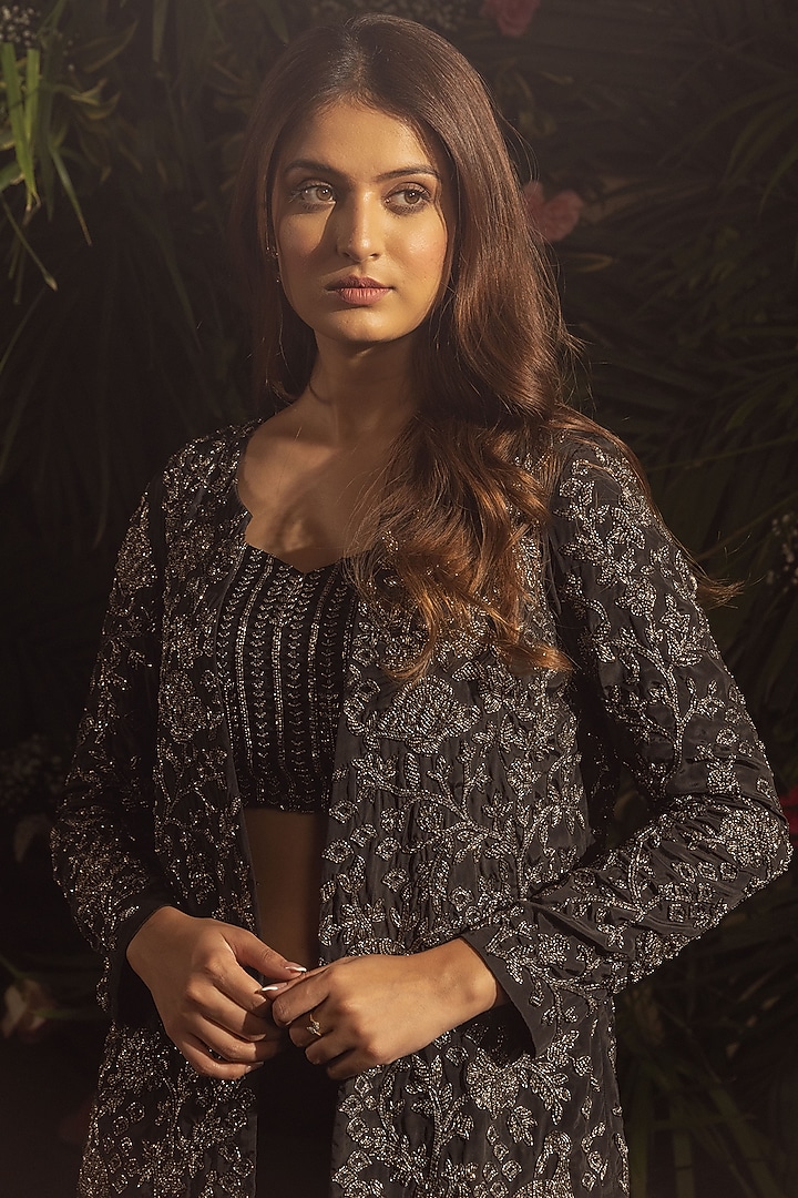 Black Blended Georgette Hand Embroidered Jacket Set by Samatvam By Anjali Bhaskar at Pernia's Pop Up Shop