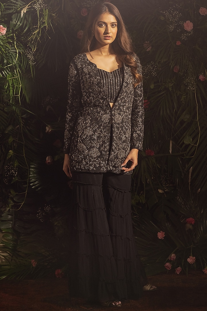 Black Blended Georgette Hand Embroidered Jacket Set by Samatvam By Anjali Bhaskar at Pernia's Pop Up Shop