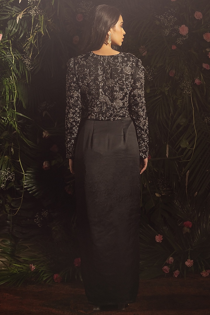 Black Modal Satin Draped Skirt Set by Samatvam By Anjali Bhaskar at Pernia's Pop Up Shop