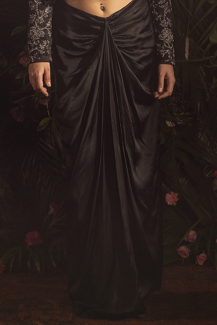 Black Modal Satin Draped Skirt Set by Samatvam By Anjali Bhaskar at Pernia's Pop Up Shop
