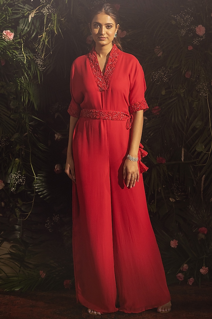 Red Blended Georgette Hand Embroidered Jumpsuit With Belt by Samatvam By Anjali Bhaskar at Pernia's Pop Up Shop